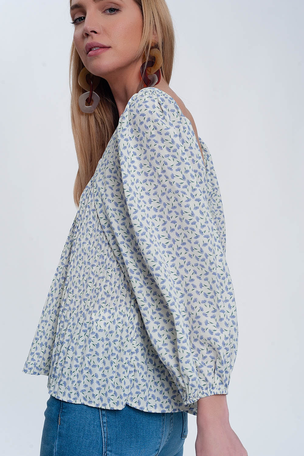 puff sleeve top with square neck in blue floral print - Tops