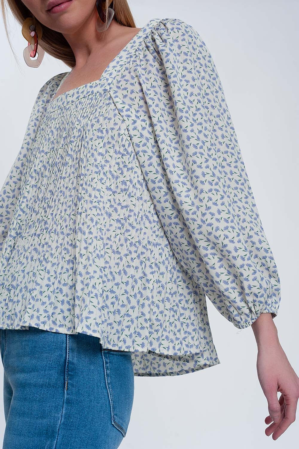 puff sleeve top with square neck in blue floral print - Tops