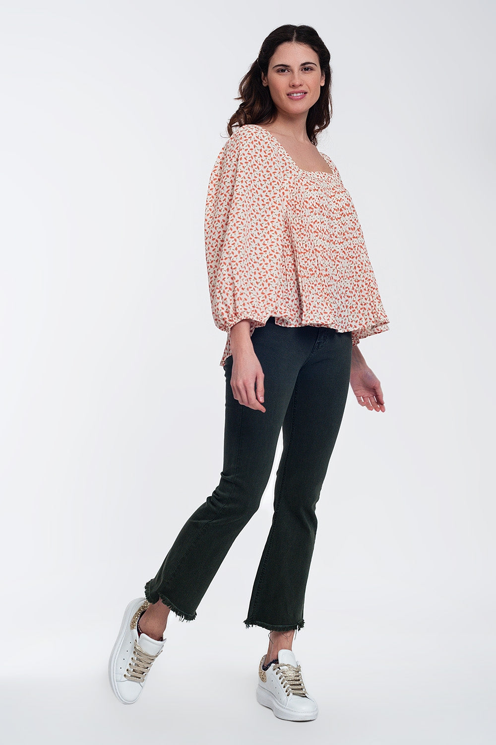 puff sleeve top with square neck in coral floral print - Tops