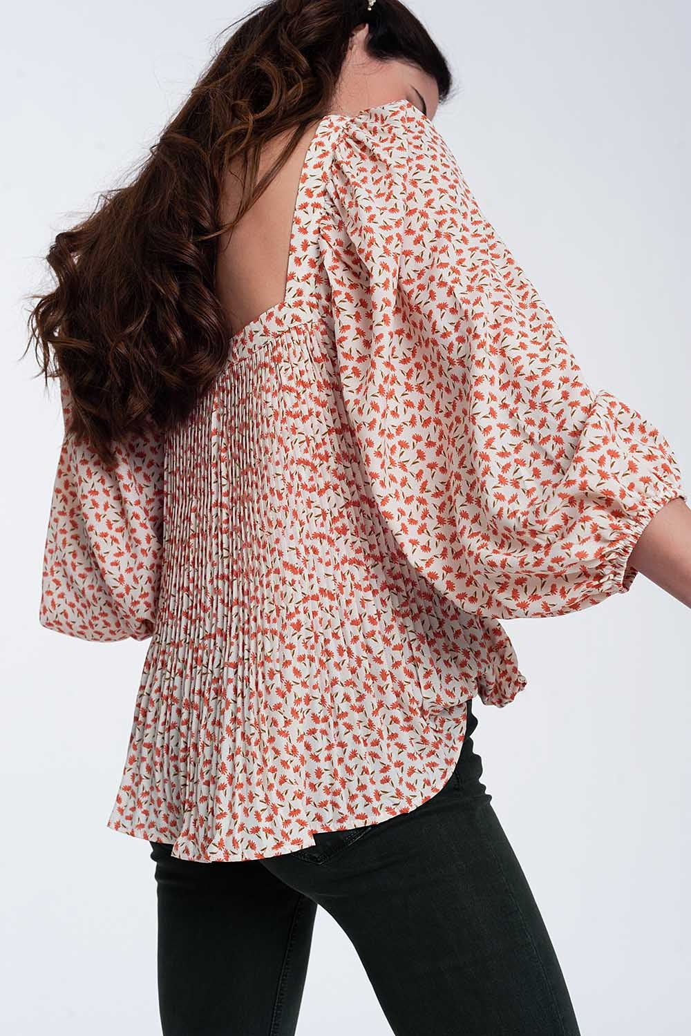 puff sleeve top with square neck in coral floral print - Tops