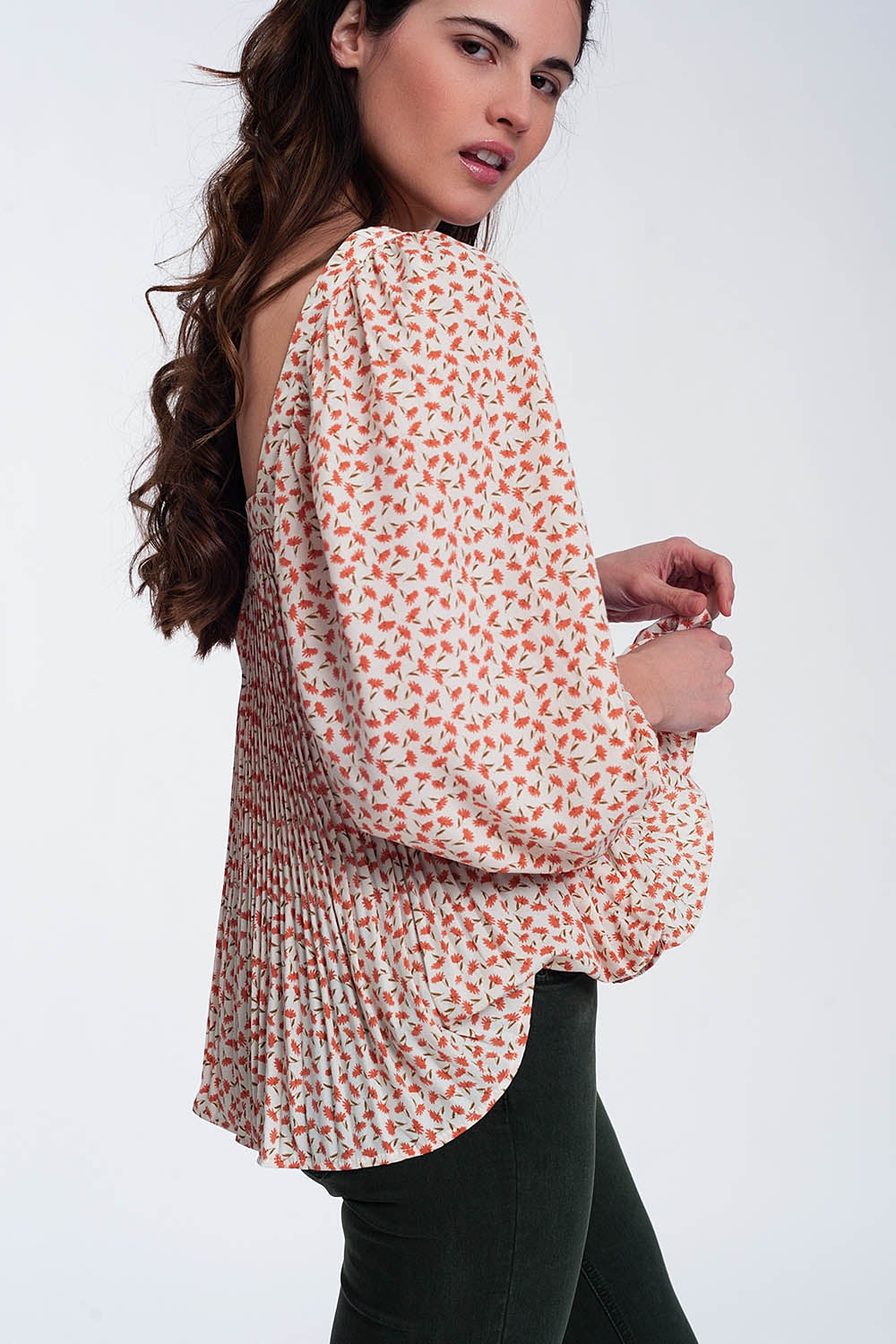 puff sleeve top with square neck in coral floral print - Tops