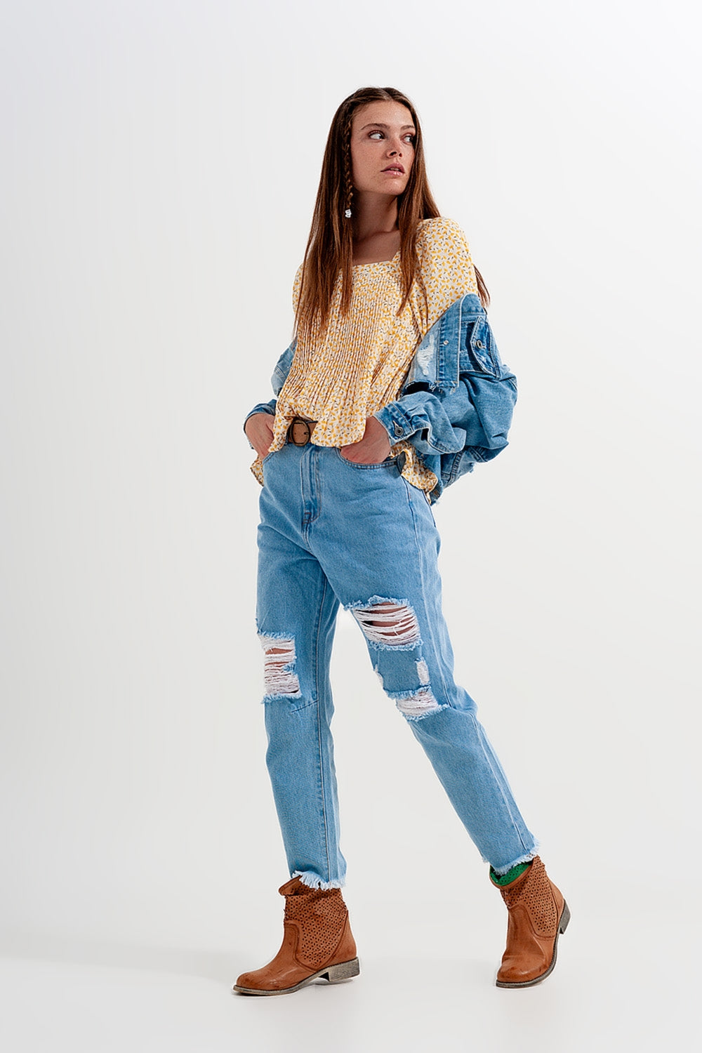 Puff sleeve top with square neck in yellow floral print - Tops