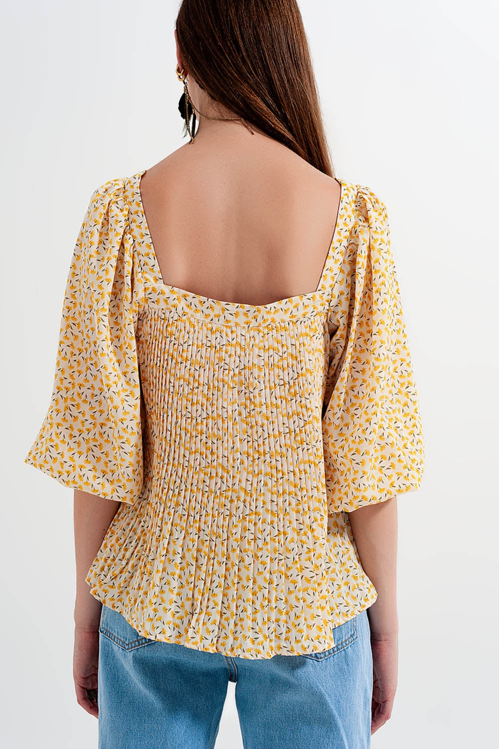 Puff sleeve top with square neck in yellow floral print - Tops