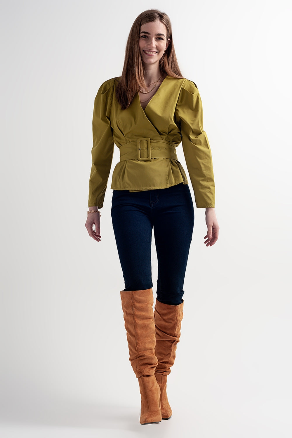 Puff sleeve wrap front top with belt detail in green - Tops