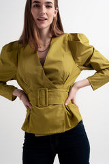 Puff sleeve wrap front top with belt detail in green