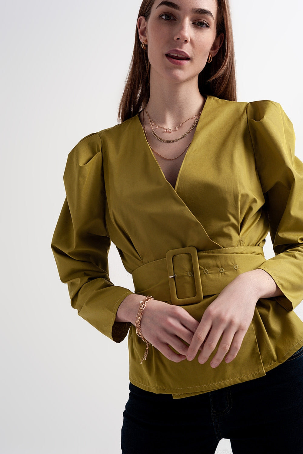 Puff sleeve wrap front top with belt detail in green - Tops