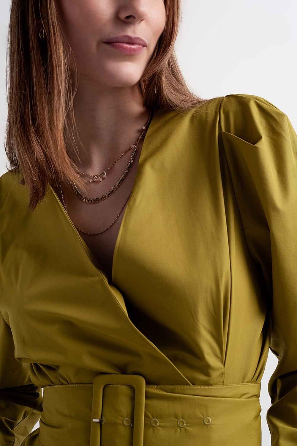 Puff sleeve wrap front top with belt detail in green - Tops