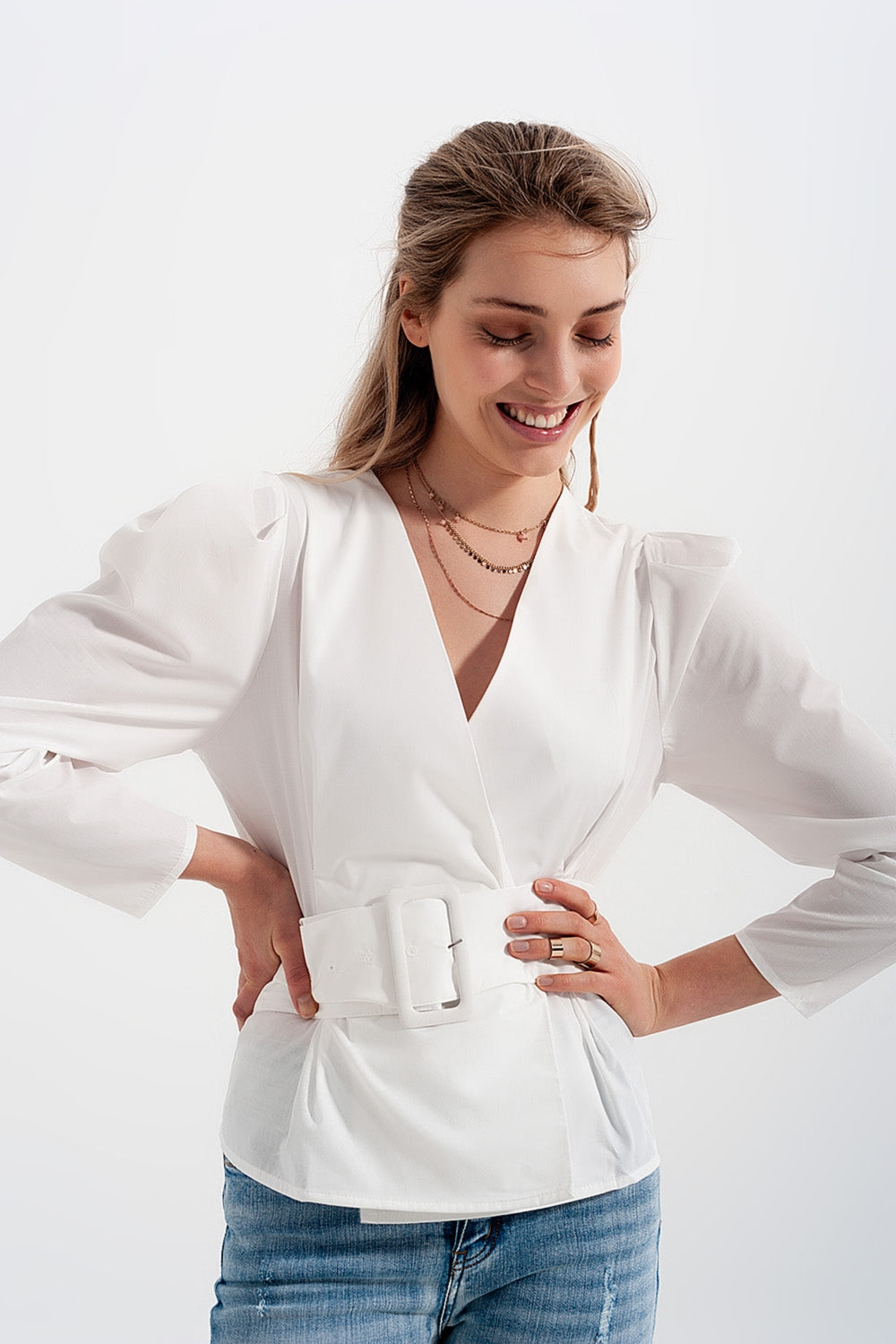 Puff sleeve wrap front top with belt detail in white - Tops