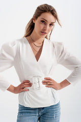 Puff sleeve wrap front top with belt detail in white