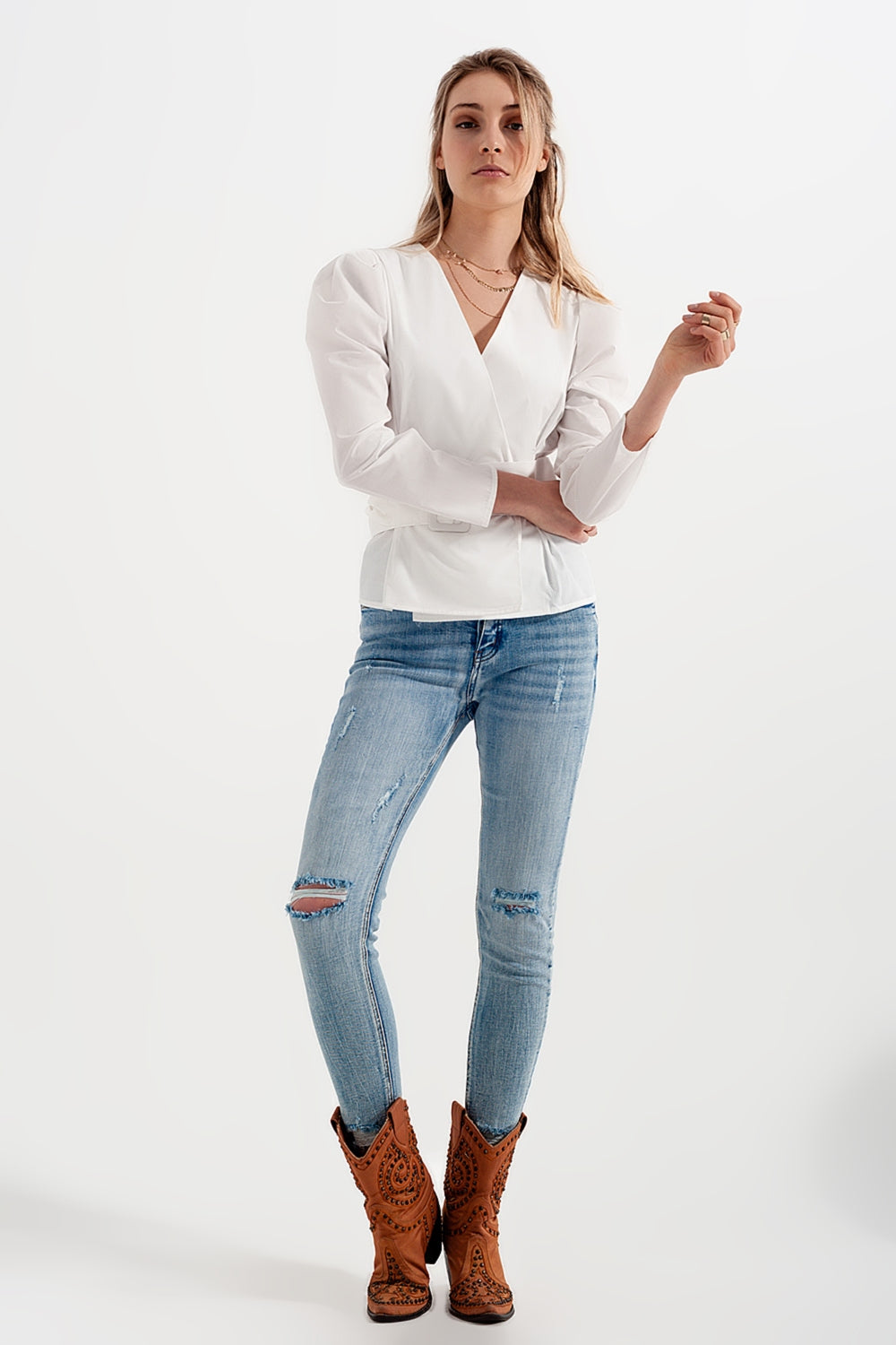 Puff sleeve wrap front top with belt detail in white - Tops