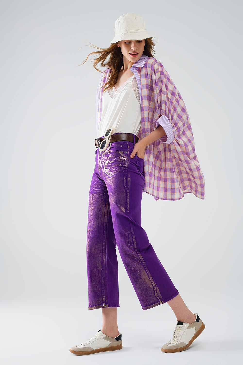 Purple Wide Leg Jeans With Metallic Finish In Gold - Jeans
