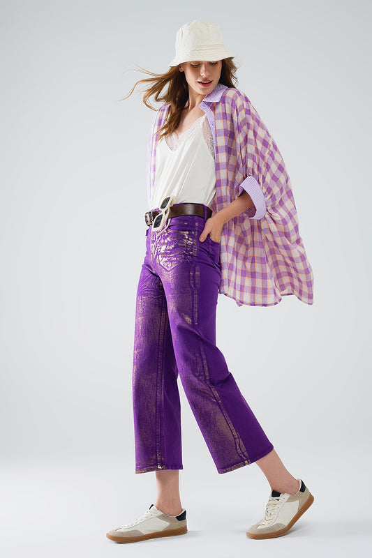 Purple Wide Leg Jeans With Metallic Finish In Gold - Jeans
