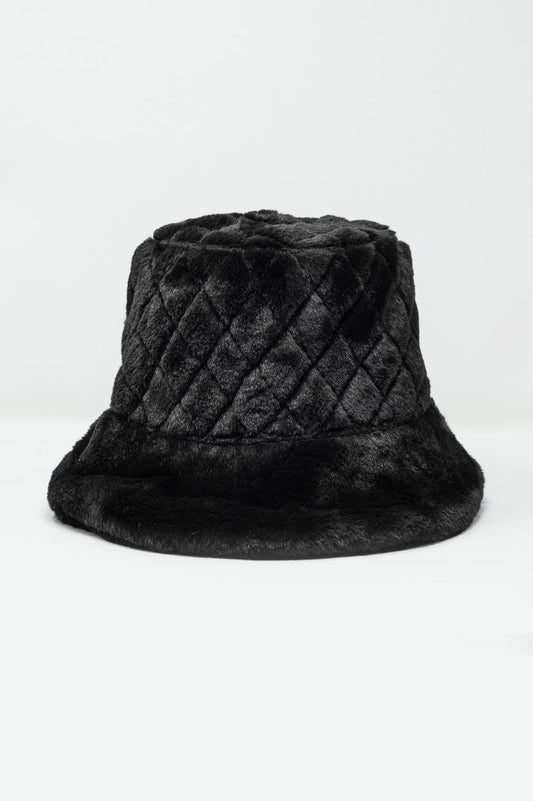 Quilted Bucket Hat In Black Faux Fur - Hats