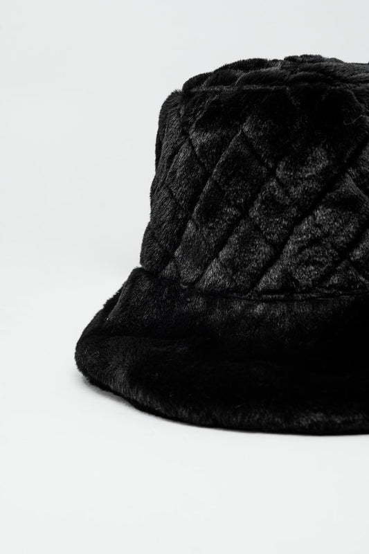 Quilted Bucket Hat In Black Faux Fur - Hats