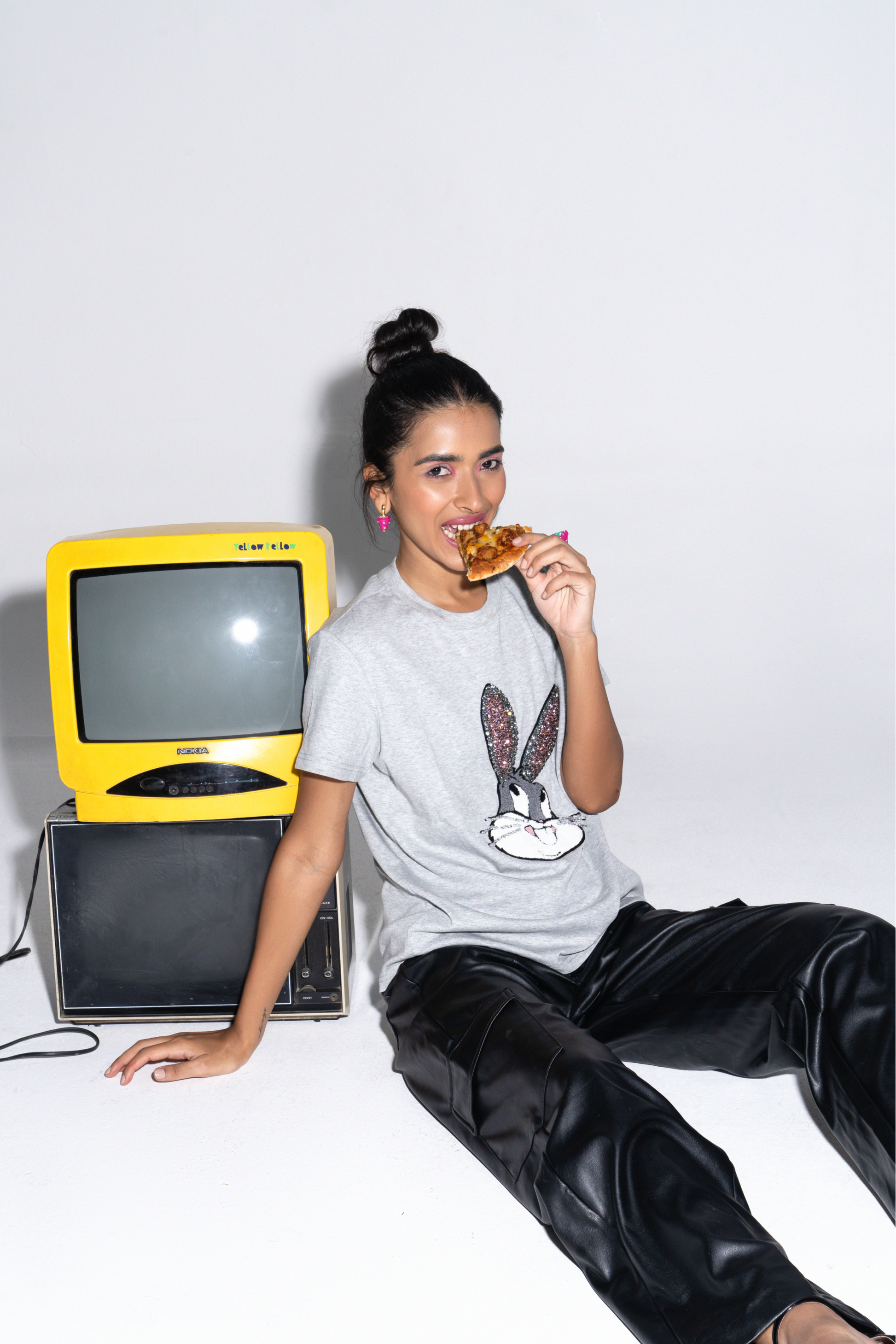 Quirky Embroidered Cotton Bunny Graphic T-Shirt - T-Shirts