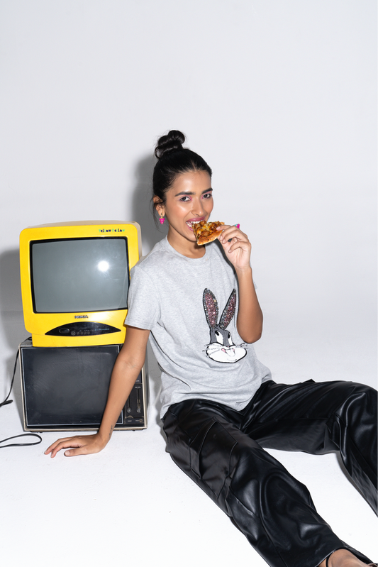 Quirky Embroidered Cotton Bunny Graphic T-Shirt - T-Shirts