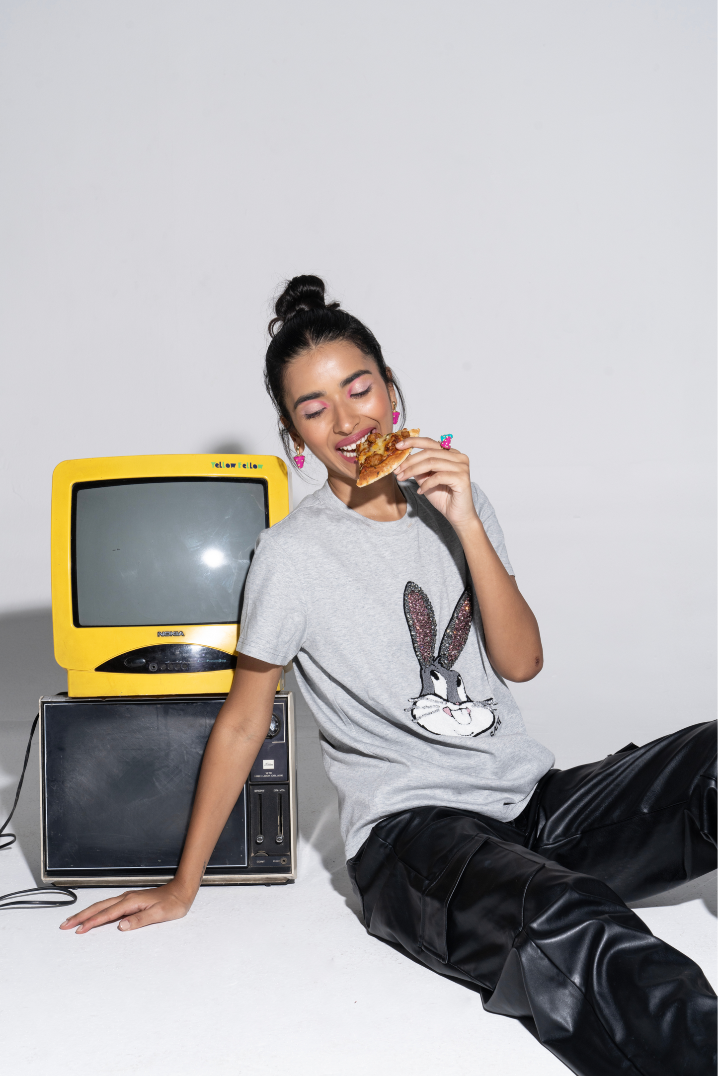 Quirky Embroidered Cotton Bunny Graphic T-Shirt - T-Shirts