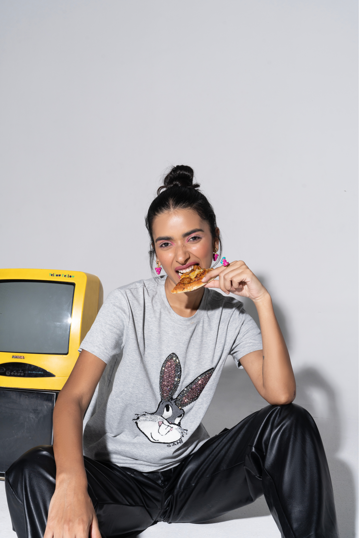 Quirky Embroidered Cotton Bunny Graphic T-Shirt Gray - T-Shirts