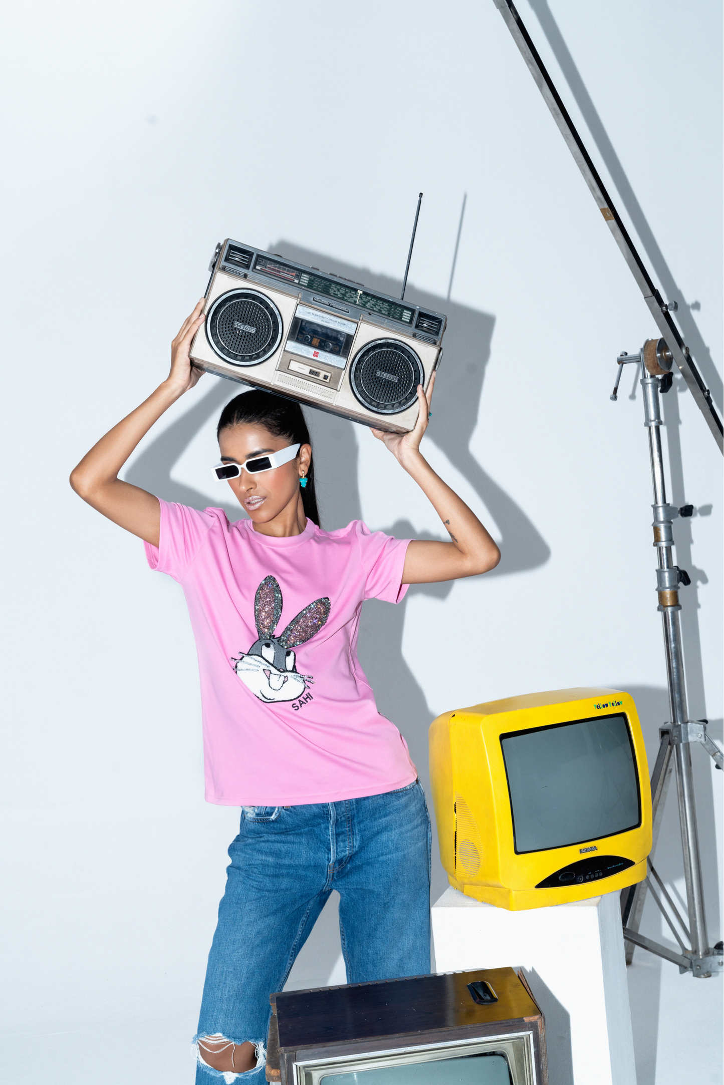 Quirky Embroidered Cotton Bunny Graphic T-Shirt - T-Shirts