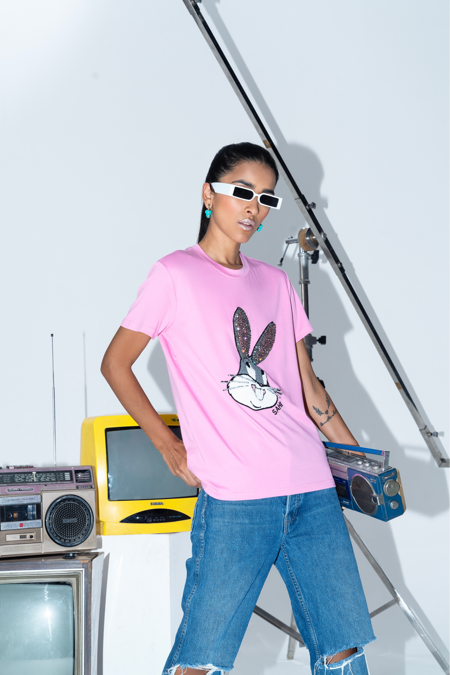 Quirky Embroidered Cotton Bunny Graphic T-Shirt - T-Shirts