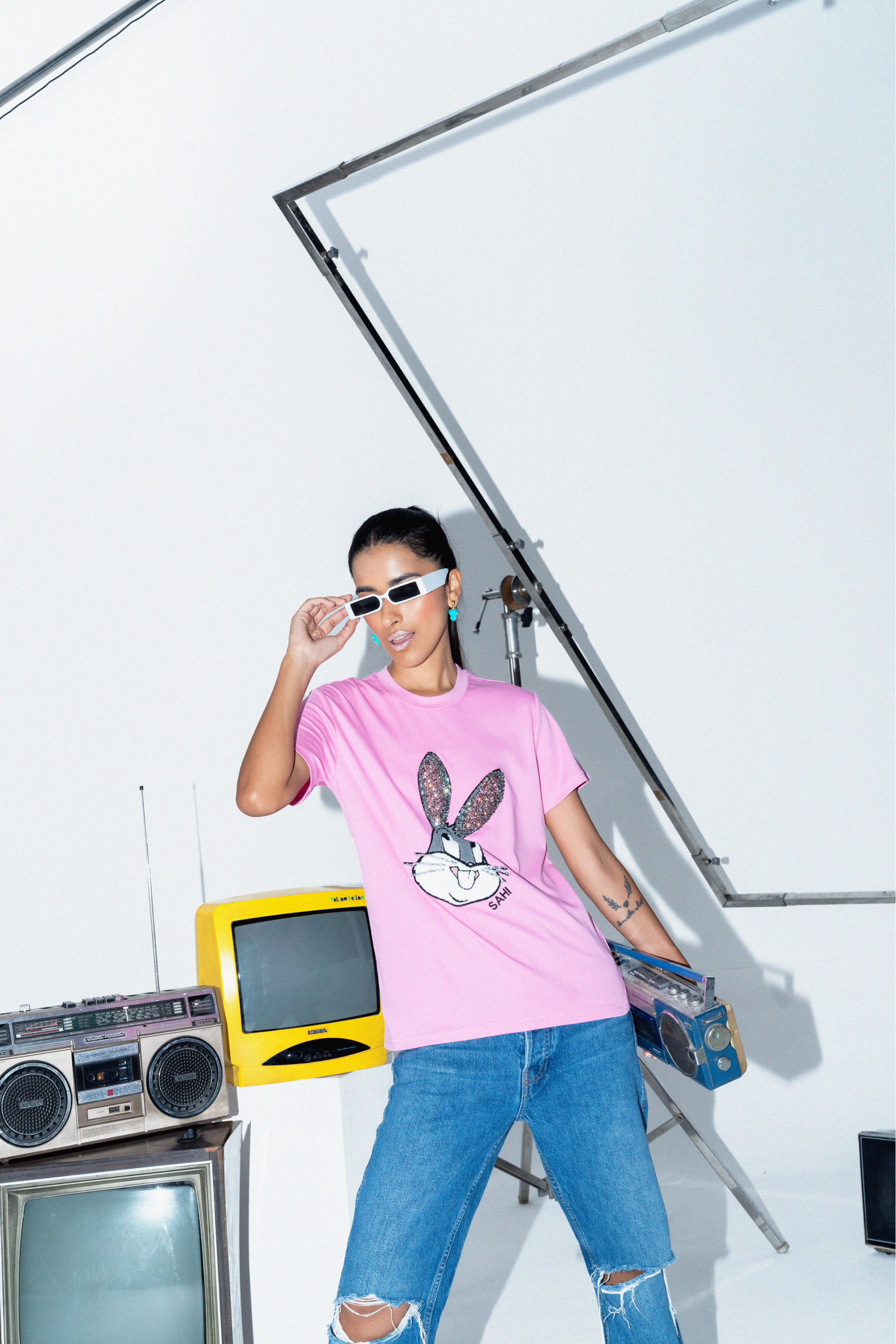 Quirky Embroidered Cotton Bunny Graphic T-Shirt - T-Shirts