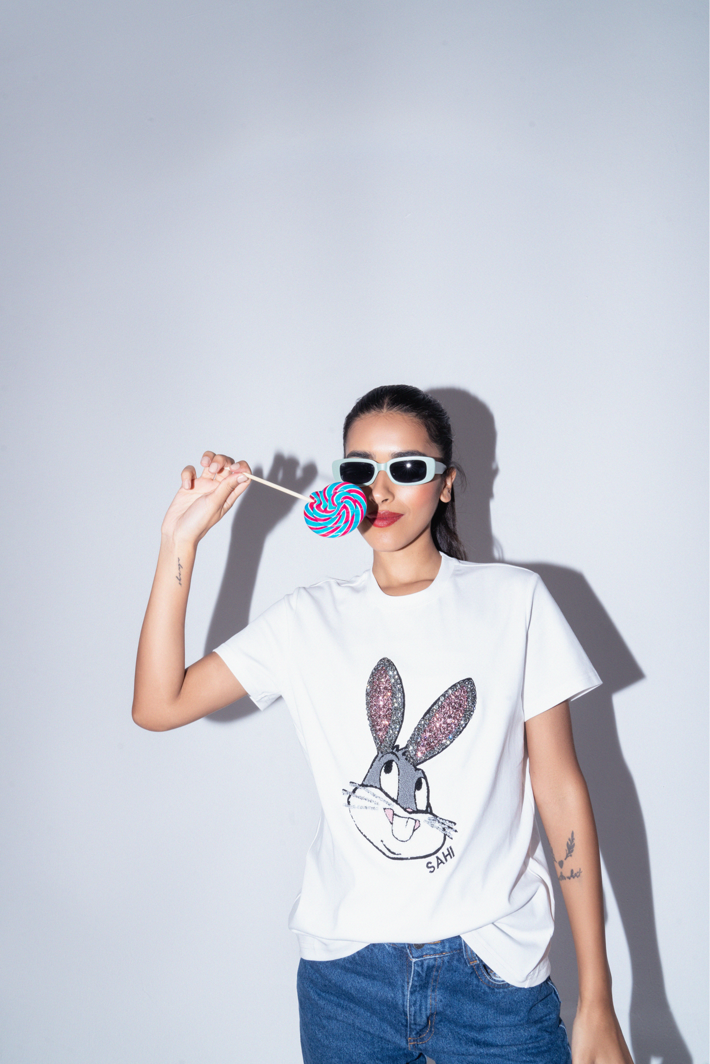 Quirky Embroidered Cotton Bunny Graphic T-Shirt White - T-Shirts