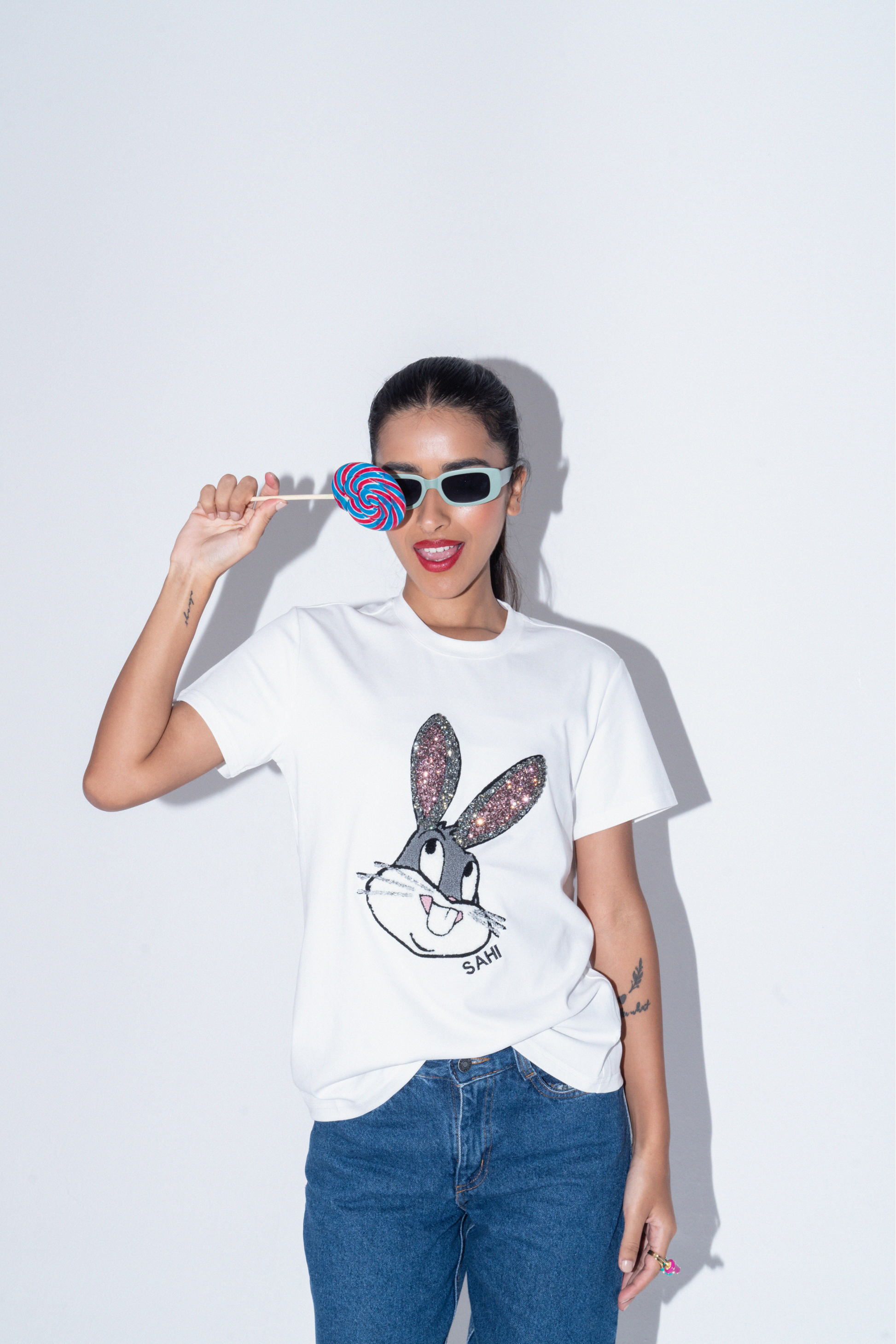 Quirky Embroidered Cotton Bunny Graphic T-Shirt - T-Shirts