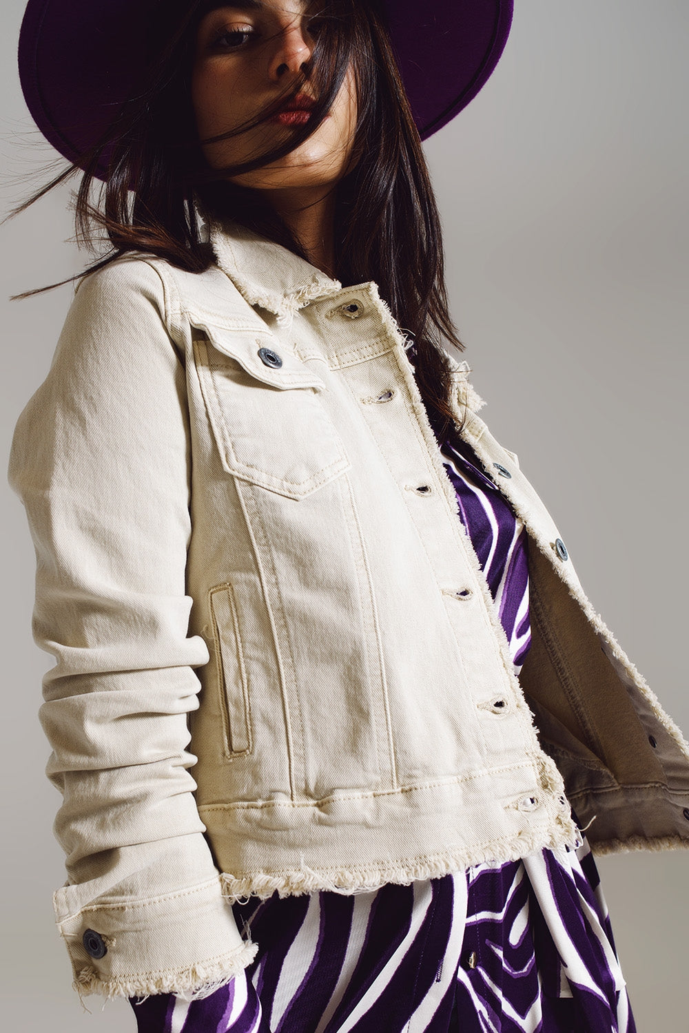 Raw edge denim jacket in beige - Jackets