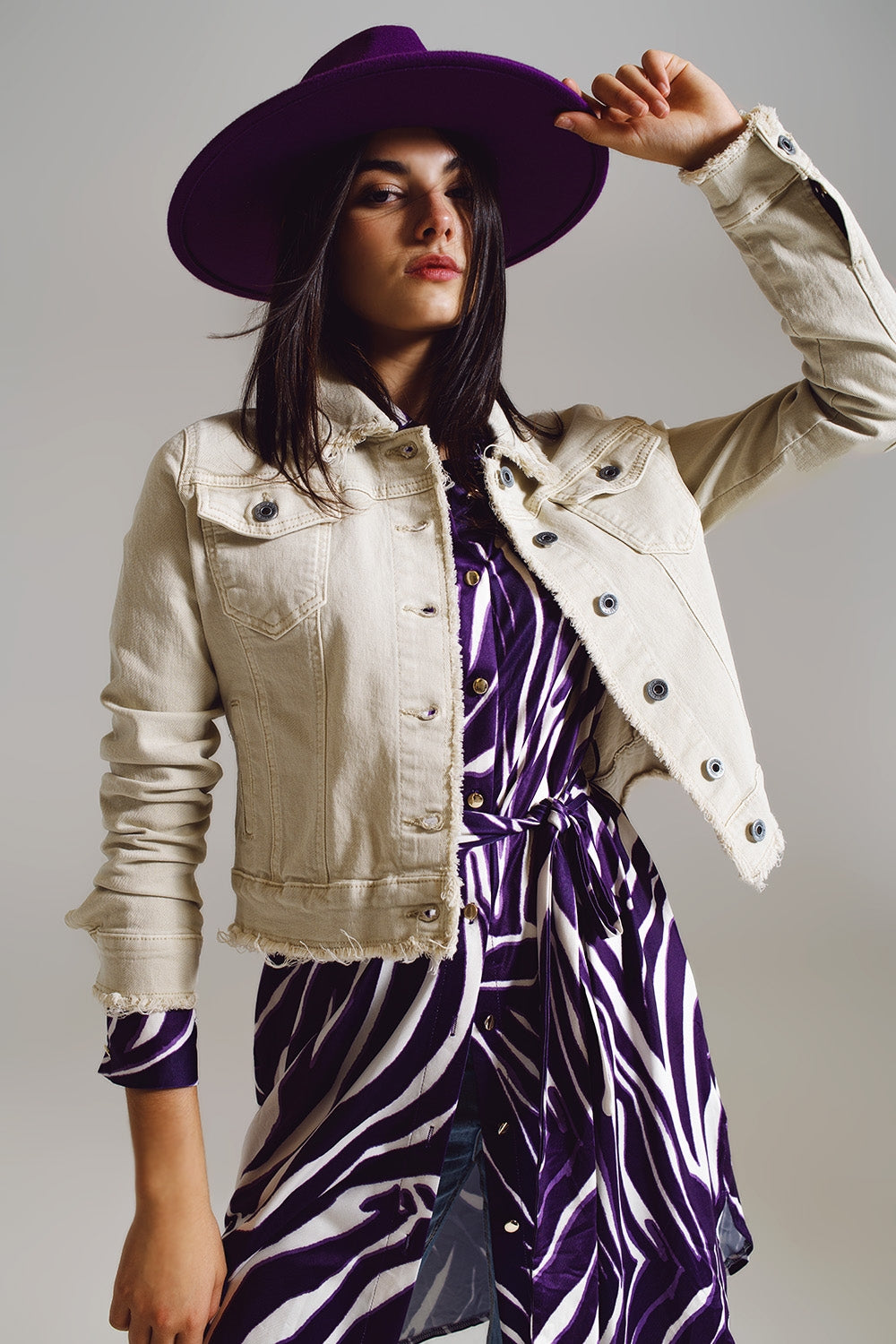 Raw edge denim jacket in beige - Jackets