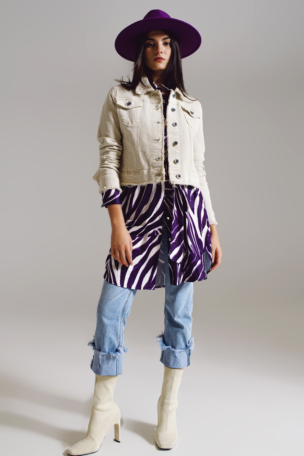 Raw edge denim jacket in beige - Jackets