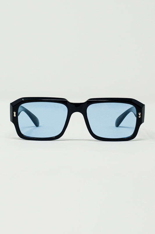 Rectangular Black Frame Sunglasses With Blue Lenses - Sunglasses