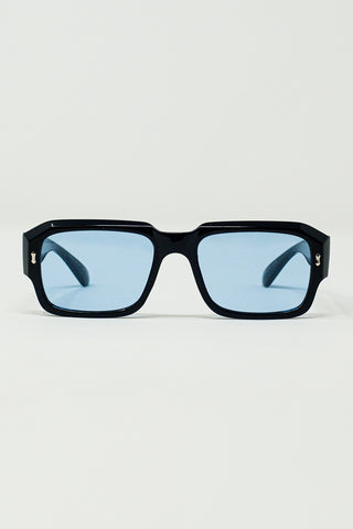 Rectangular Black Frame Sunglasses With Blue Lenses