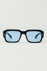 Rectangular Black Frame Sunglasses With Blue Lenses