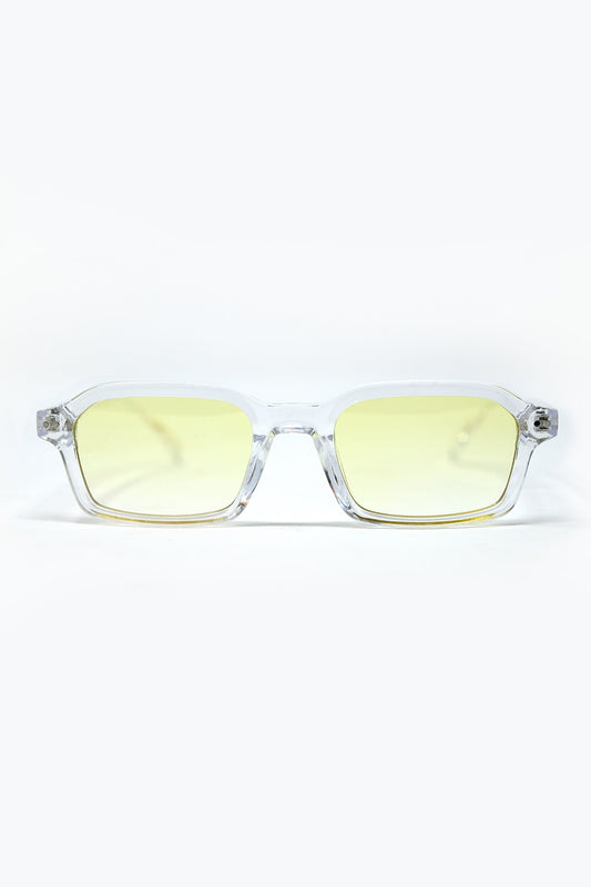 Rectangular Thick Acetate Clear Frame Sunglasses With Yellow Smoke Lense -