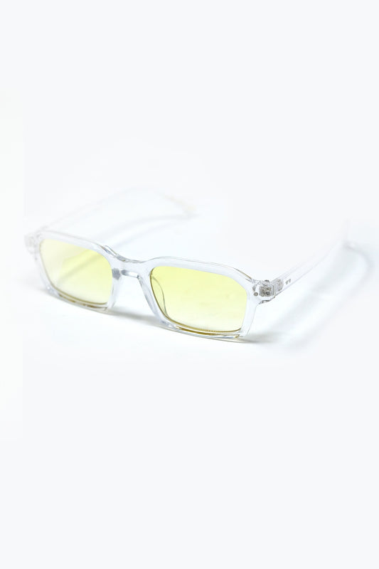 Rectangular Thick Acetate Clear Frame Sunglasses With Yellow Smoke Lense -