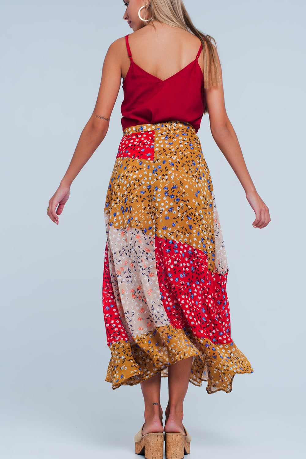 Red floral meadow bias cut midi skirt - Skirts