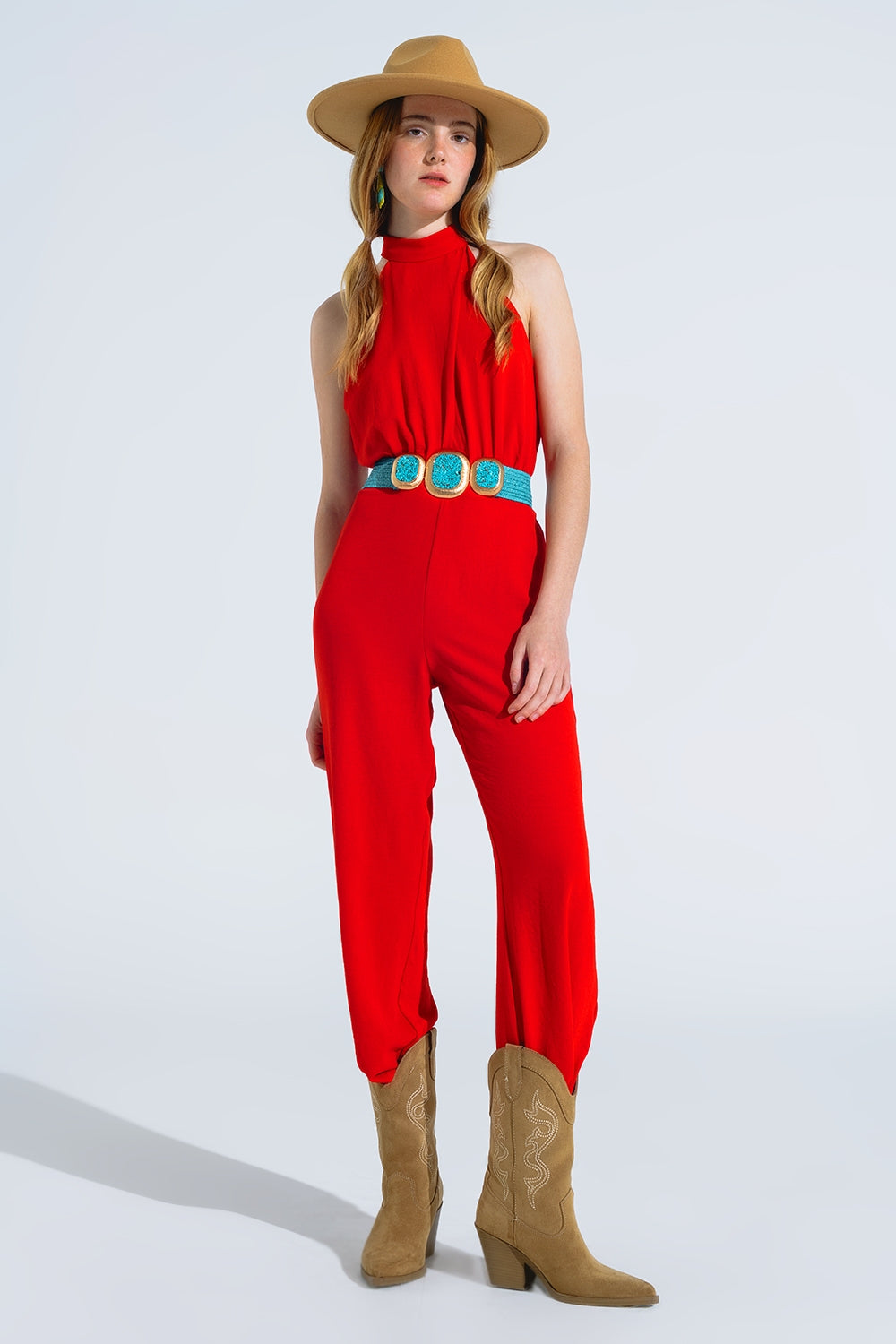 Red Jumpsuit With Crossed Halter Neckline - Dresses