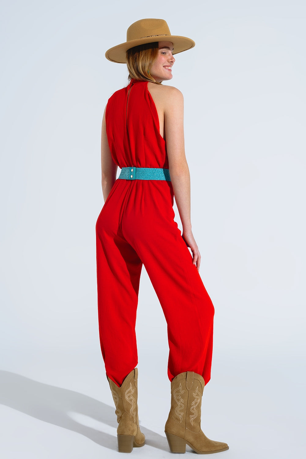 Red Jumpsuit With Crossed Halter Neckline - Dresses