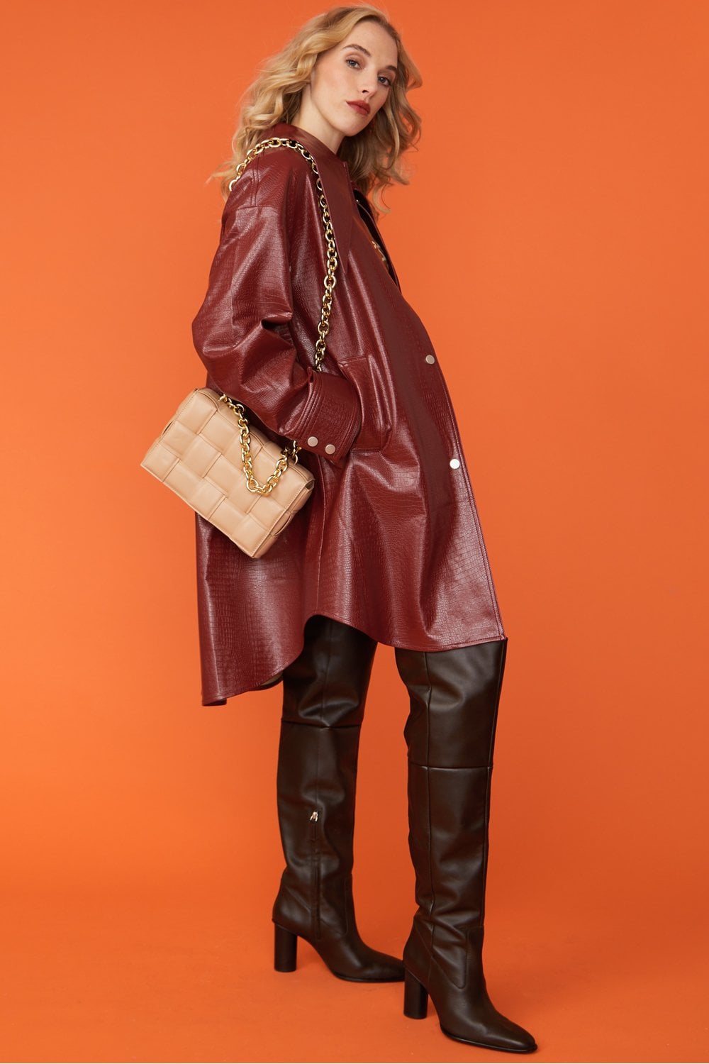 Red Oversized Faux Suede Leather Trench Coat with Exaggerated Collar - Faux Leather Jackets