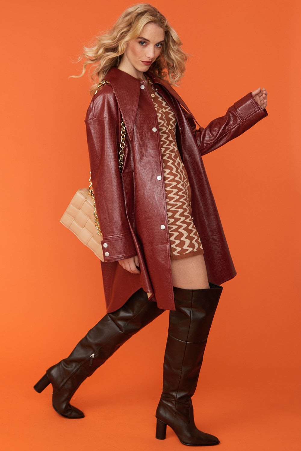 Red Oversized Faux Suede Leather Trench Coat with Exaggerated Collar - Faux Leather Jackets