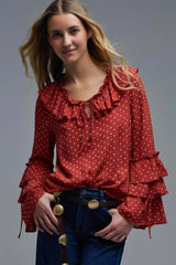 Red Ruffled Polka-Dot Blouse with Flared Sleeves