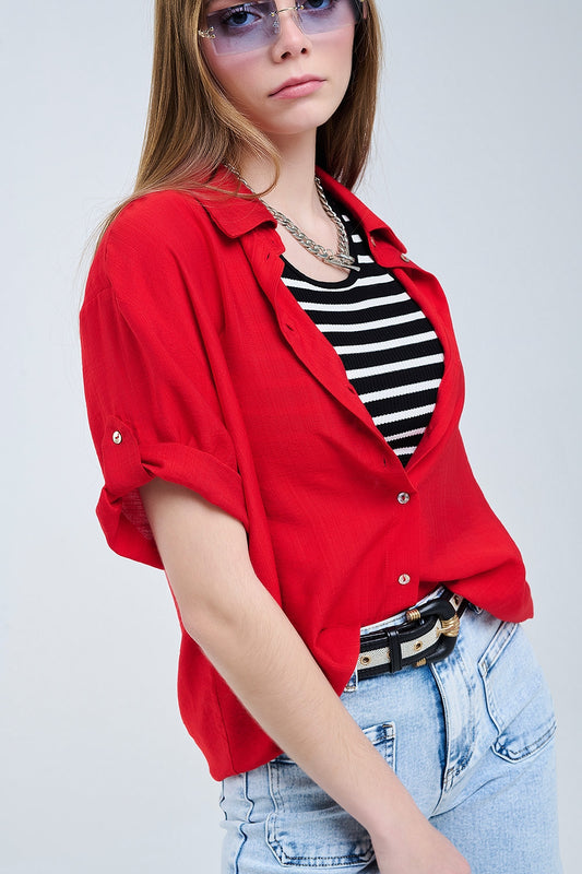 Red shirt with short sleeves and pleat on the sleeve - Shirts