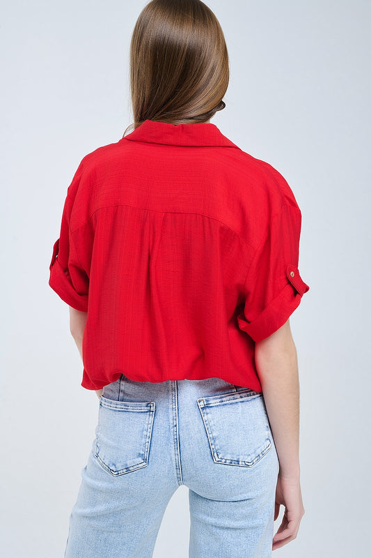 Red shirt with short sleeves and pleat on the sleeve - Shirts