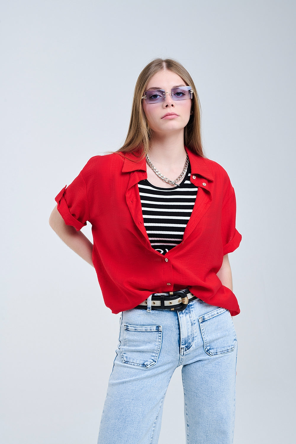 Red shirt with short sleeves and pleat on the sleeve - Shirts