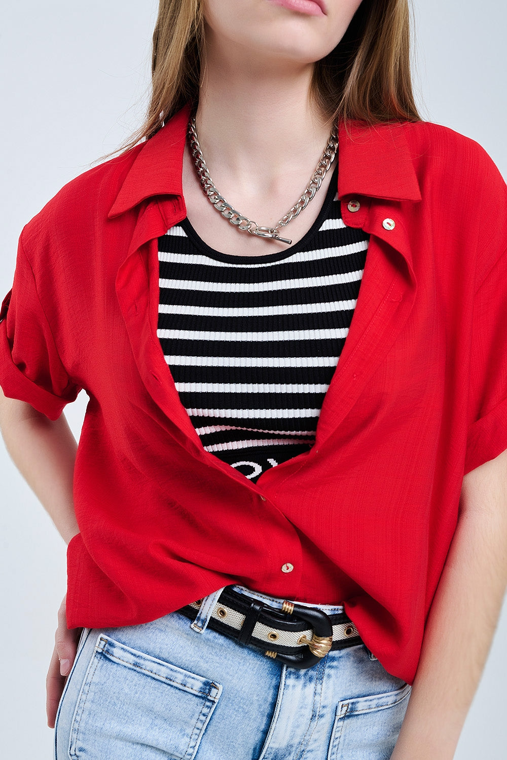 Red shirt with short sleeves and pleat on the sleeve - Shirts