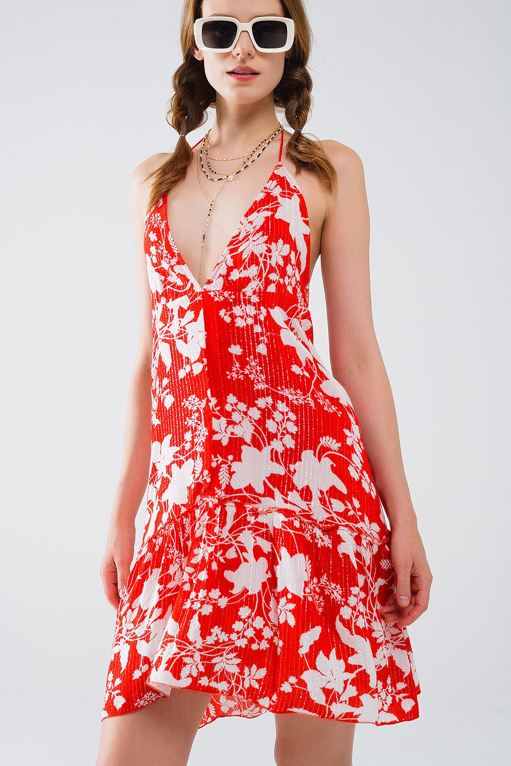 Red Short Boho flower print dress with lurex detail - Dresses