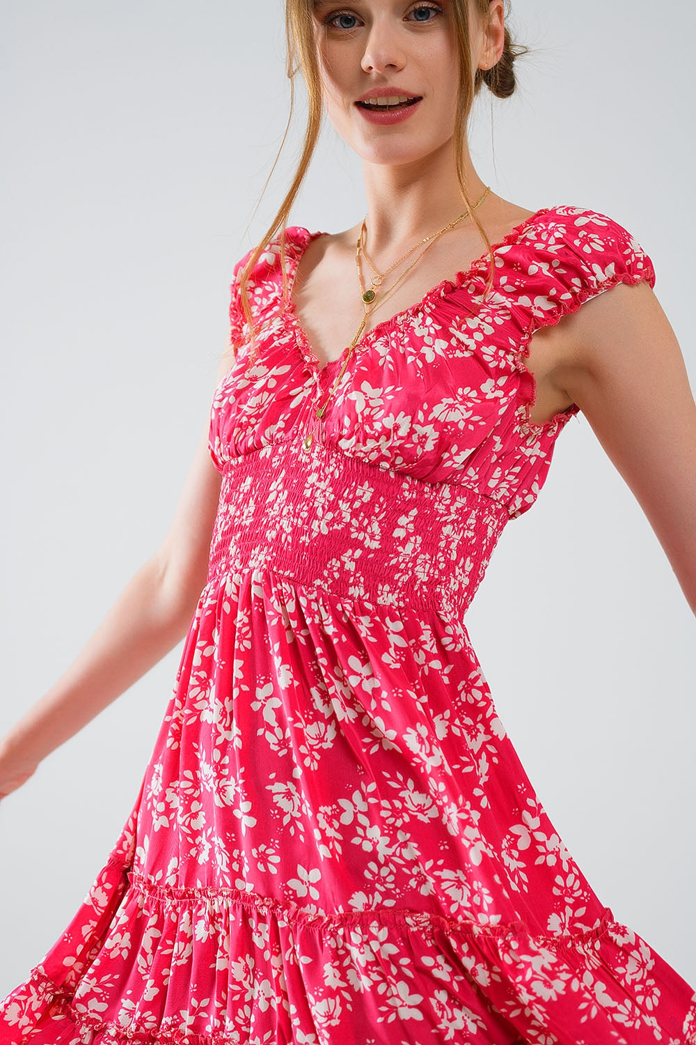 Red Short dress With White Floral Print And Elastic Waist - Dresses