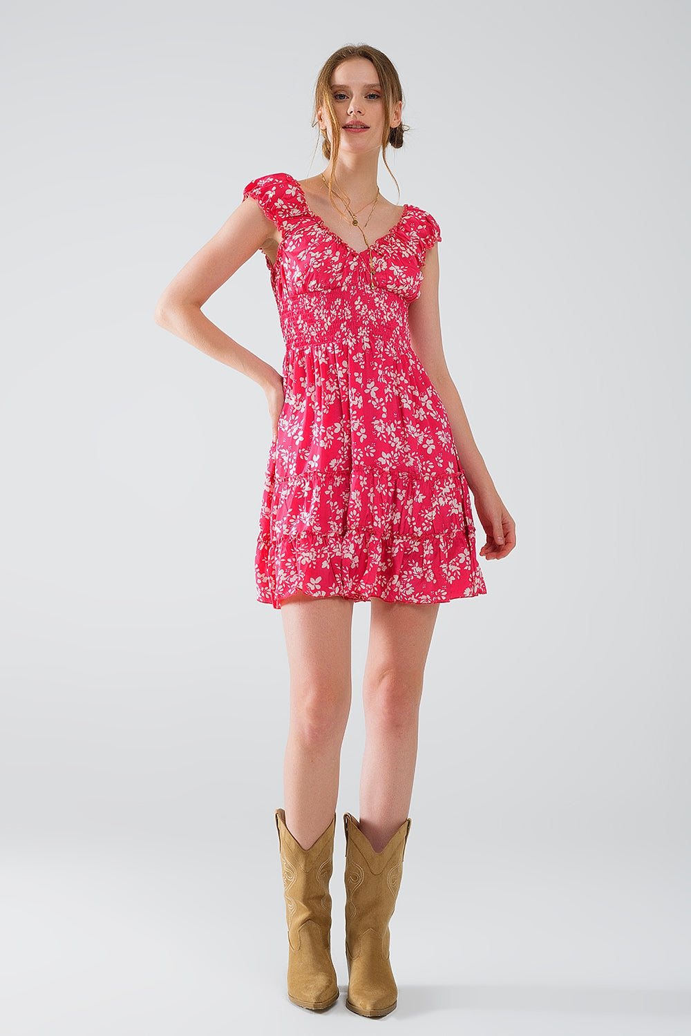 Red Short dress With White Floral Print And Elastic Waist - Dresses