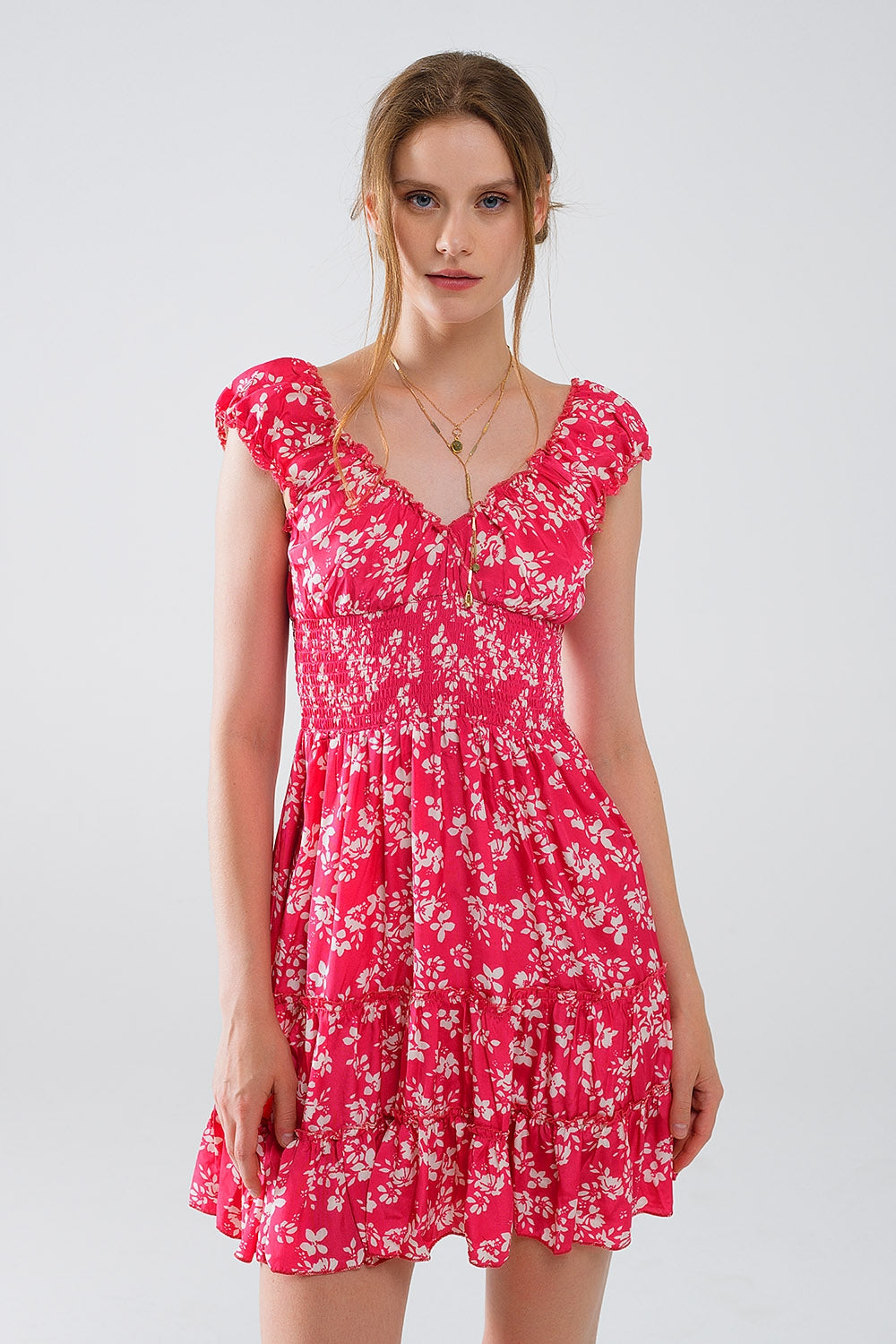 Red Short dress With White Floral Print And Elastic Waist - Dresses