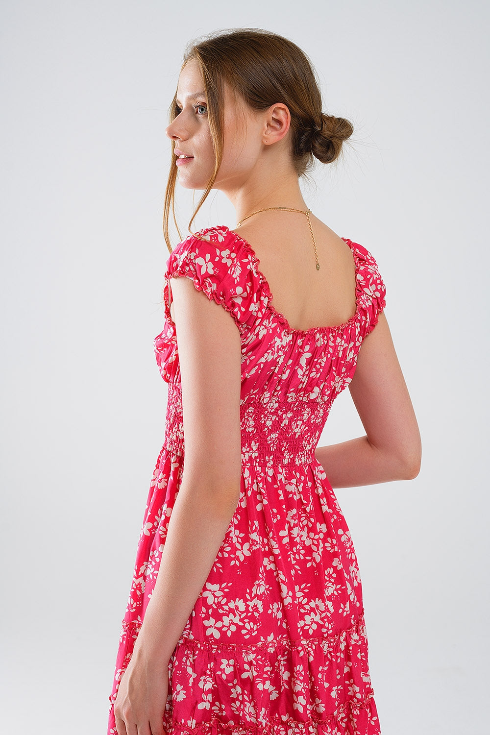Red Short dress With White Floral Print And Elastic Waist - Dresses